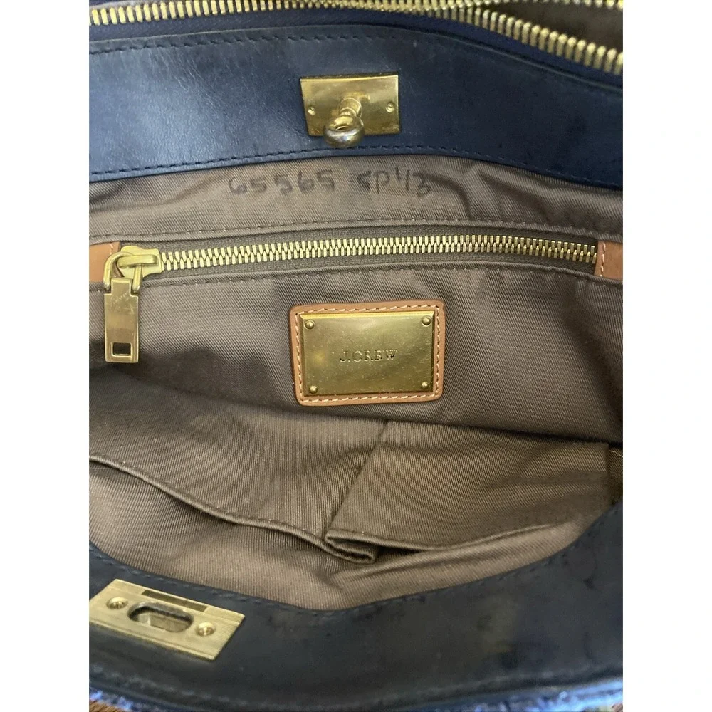 J.CREW Midnight Blue Woven Nylon Leather Trim Turnlock Satchel Shoulder Bag READ